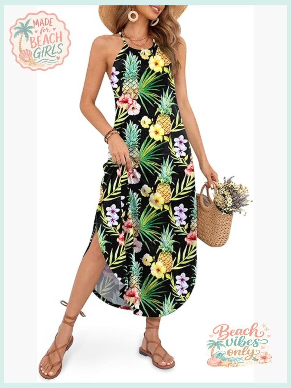 Women's Halter Side Slit Maxi Beach Dress Resort Casual Sundress
